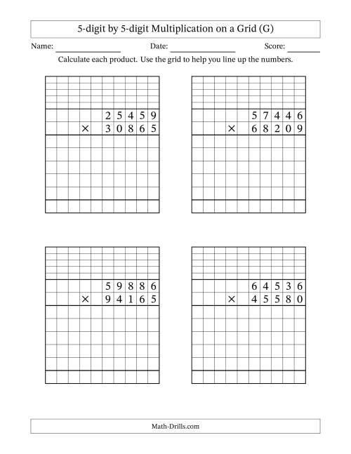 The 5-digit by 5-digit Multiplication with Grid Support Including Regrouping (G) Math Worksheet