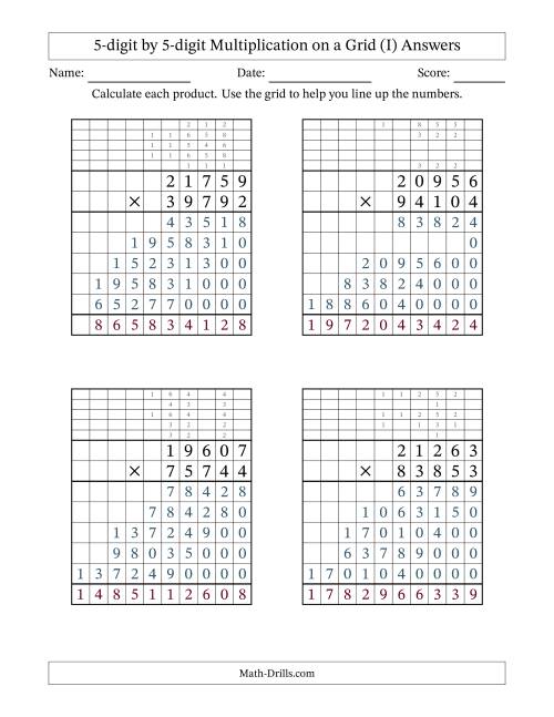 The 5-digit by 5-digit Multiplication with Grid Support Including Regrouping (I) Math Worksheet Page 2
