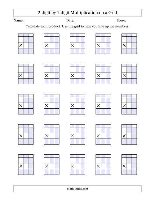 The Multiplying 2-Digit by 1-Digit Numbers with Grid Support Blanks (A) Math Worksheet