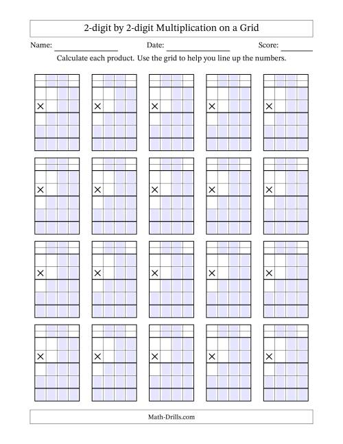 The Multiplying 2-Digit by 2-Digit Numbers with Grid Support Blanks (A) Math Worksheet