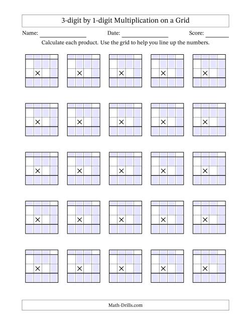 The Multiplying 3-Digit by 1-Digit Numbers with Grid Support Blanks (A) Math Worksheet
