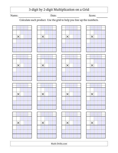 The Multiplying 3-Digit by 2-Digit Numbers with Grid Support Blanks (A) Math Worksheet
