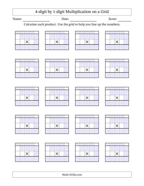 The Multiplying 4-Digit by 1-Digit Numbers with Grid Support Blanks (A) Math Worksheet