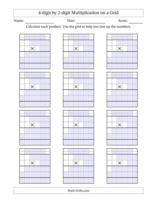 The Multiplying 4-Digit by 2-Digit Numbers with Grid Support Blanks (A) Math Worksheet