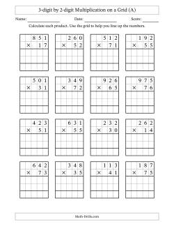 3-digit by 2-digit Multiplication with Grid Support