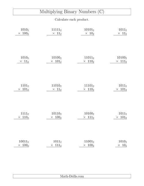 The Multiplying Binary Numbers (Base 2) (C) Math Worksheet