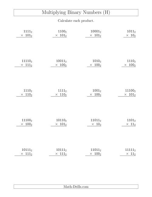 The Multiplying Binary Numbers (Base 2) (H) Math Worksheet