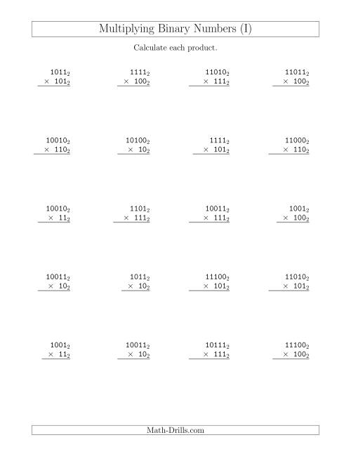 The Multiplying Binary Numbers (Base 2) (I) Math Worksheet