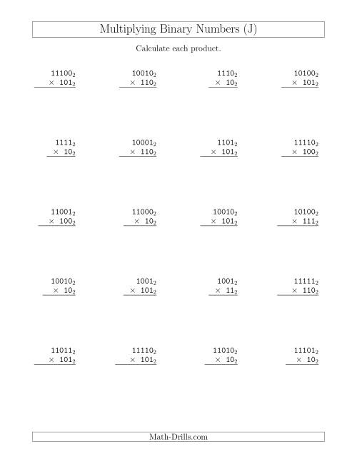The Multiplying Binary Numbers (Base 2) (J) Math Worksheet
