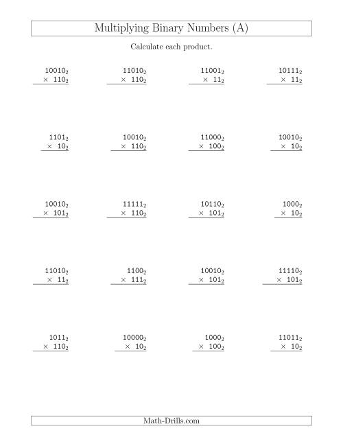 The Multiplying Binary Numbers (Base 2) (All) Math Worksheet