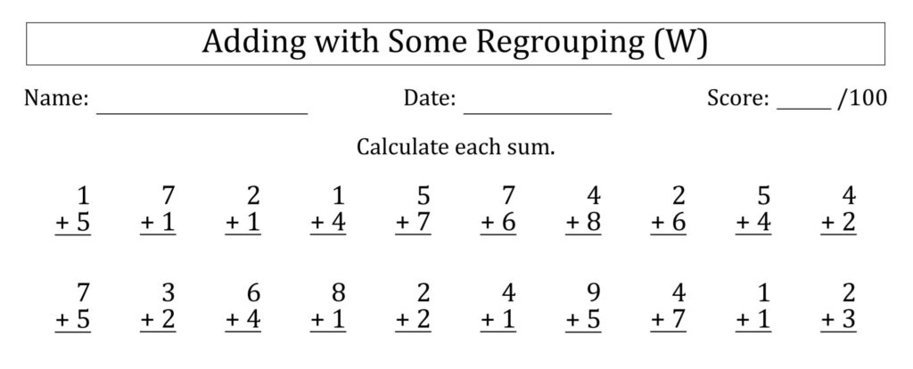 100 Single-Digit Addition Questions with Some Regrouping (W)