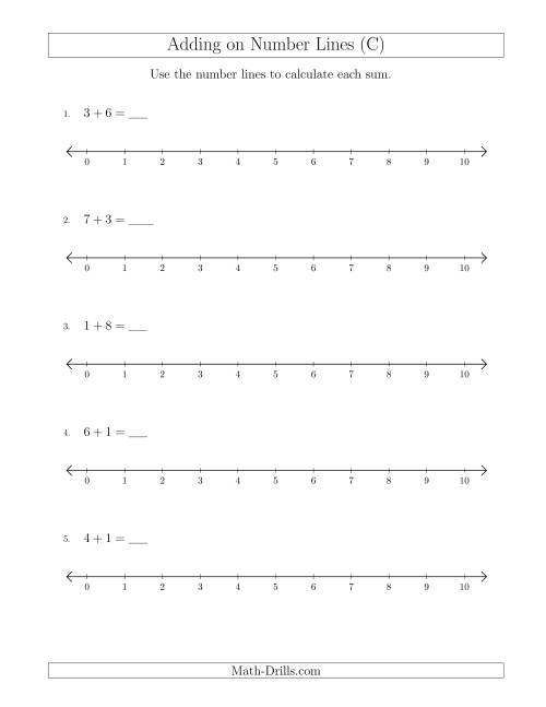 The Adding up to 10 on Number Lines with Intervals of 1 (C) Math Worksheet