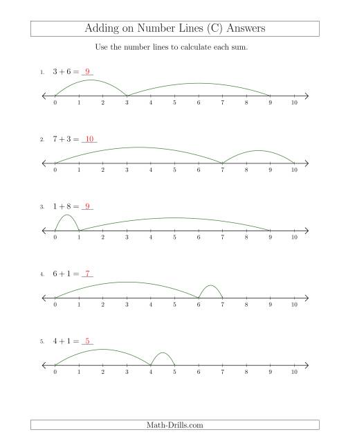 The Adding up to 10 on Number Lines with Intervals of 1 (C) Math Worksheet Page 2