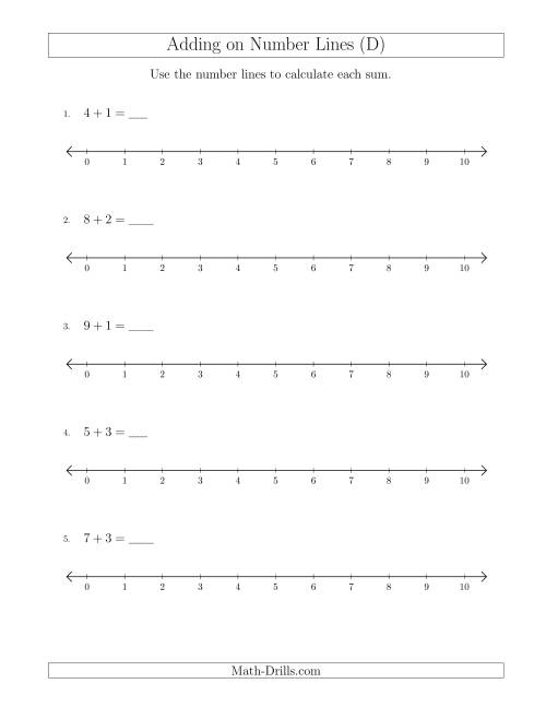 The Adding up to 10 on Number Lines with Intervals of 1 (D) Math Worksheet