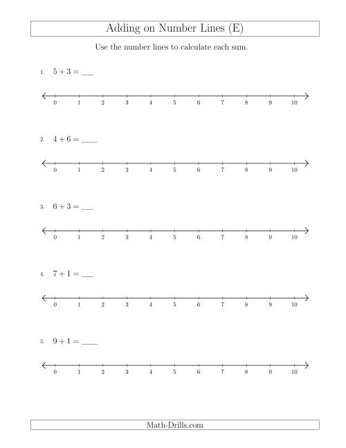 The Adding up to 10 on Number Lines with Intervals of 1 (E) Math Worksheet
