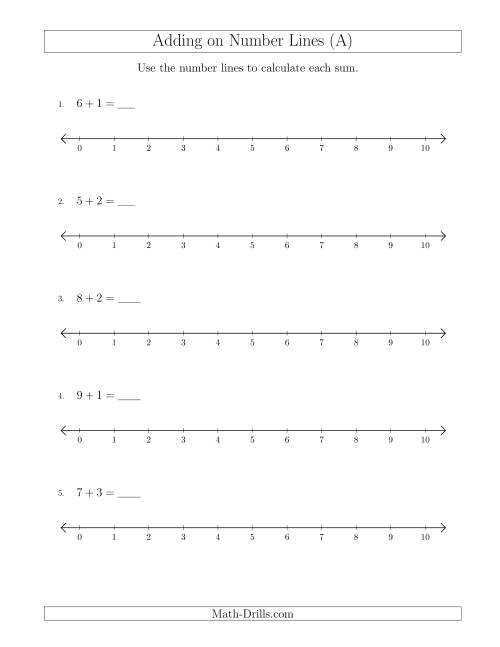 The Adding up to 10 on Number Lines with Intervals of 1 (All) Math Worksheet
