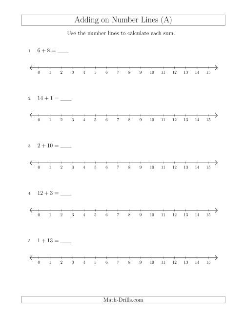 The Adding up to 15 on Number Lines with Intervals of 1 (A) Math Worksheet