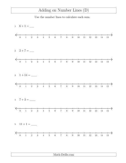 The Adding up to 15 on Number Lines with Intervals of 1 (D) Math Worksheet