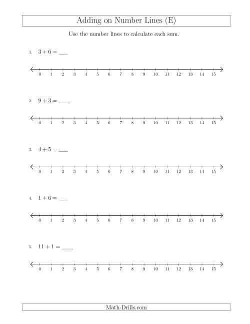 The Adding up to 15 on Number Lines with Intervals of 1 (E) Math Worksheet