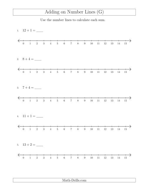 The Adding up to 15 on Number Lines with Intervals of 1 (G) Math Worksheet