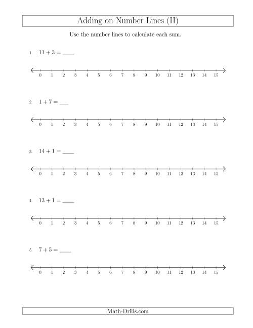 The Adding up to 15 on Number Lines with Intervals of 1 (H) Math Worksheet
