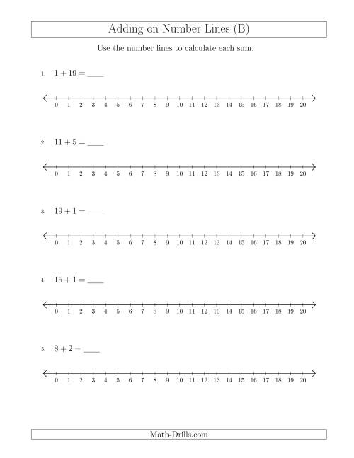 The Adding up to 20 on Number Lines with Intervals of 1 (B) Math Worksheet