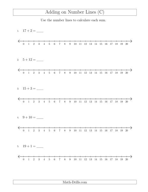 The Adding up to 20 on Number Lines with Intervals of 1 (C) Math Worksheet