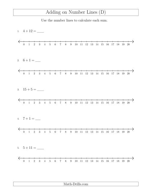 The Adding up to 20 on Number Lines with Intervals of 1 (D) Math Worksheet