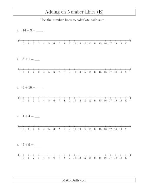 The Adding up to 20 on Number Lines with Intervals of 1 (E) Math Worksheet
