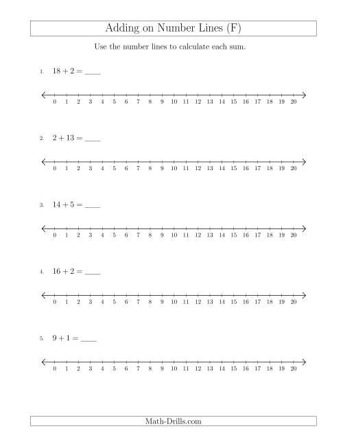 The Adding up to 20 on Number Lines with Intervals of 1 (F) Math Worksheet