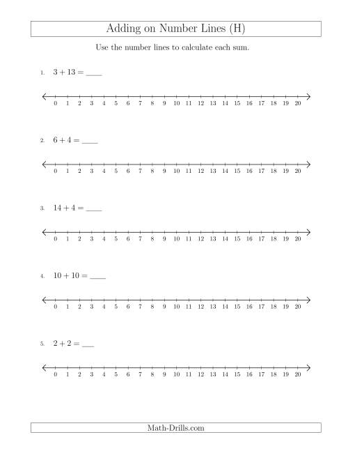 The Adding up to 20 on Number Lines with Intervals of 1 (H) Math Worksheet