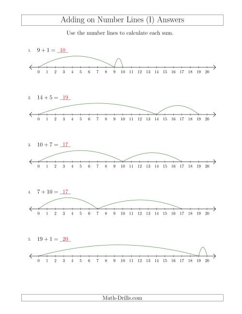 The Adding up to 20 on Number Lines with Intervals of 1 (I) Math Worksheet Page 2
