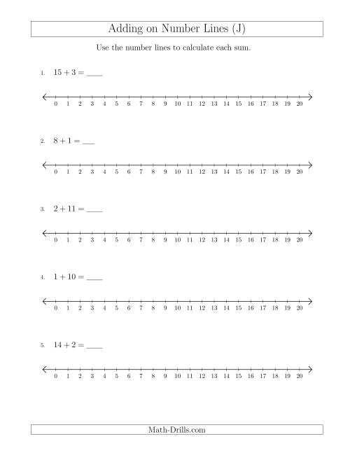 The Adding up to 20 on Number Lines with Intervals of 1 (J) Math Worksheet