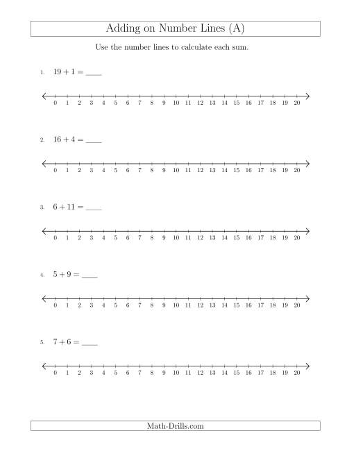 The Adding up to 20 on Number Lines with Intervals of 1 (All) Math Worksheet