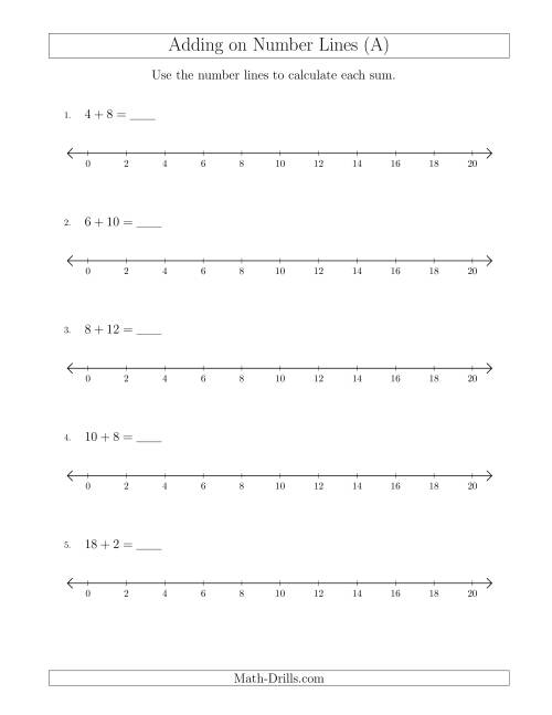 The Adding up to 20 on Number Lines with Intervals of 2 (A) Math Worksheet