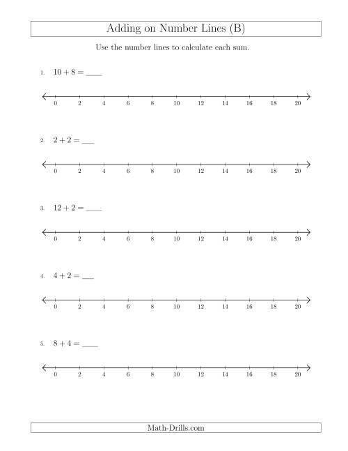 The Adding up to 20 on Number Lines with Intervals of 2 (B) Math Worksheet