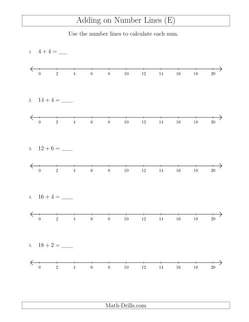 The Adding up to 20 on Number Lines with Intervals of 2 (E) Math Worksheet