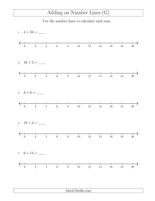 The Adding up to 20 on Number Lines with Intervals of 2 (G) Math Worksheet