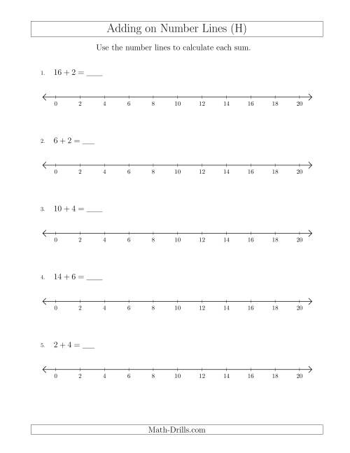 The Adding up to 20 on Number Lines with Intervals of 2 (H) Math Worksheet