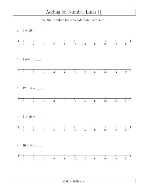 The Adding up to 20 on Number Lines with Intervals of 2 (I) Math Worksheet