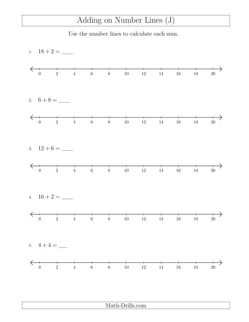 The Adding up to 20 on Number Lines with Intervals of 2 (J) Math Worksheet