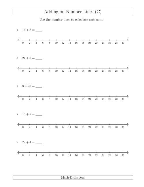 The Adding up to 30 on Number Lines with Intervals of 2 (C) Math Worksheet