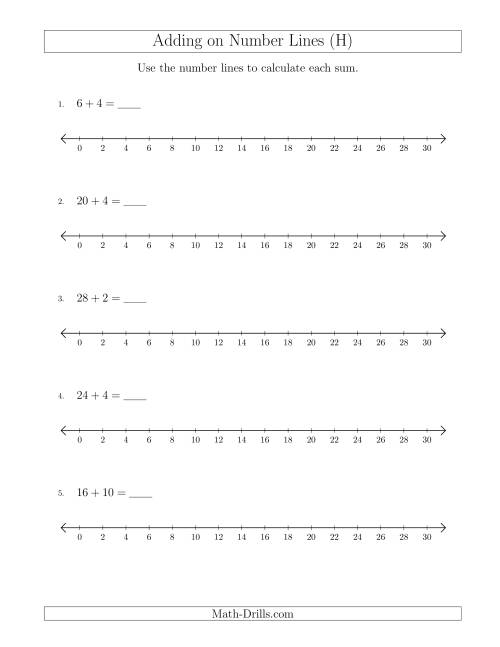 The Adding up to 30 on Number Lines with Intervals of 2 (H) Math Worksheet