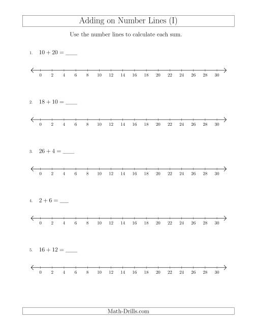 The Adding up to 30 on Number Lines with Intervals of 2 (I) Math Worksheet