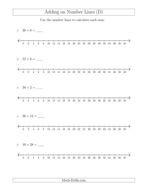 The Adding up to 40 on Number Lines with Intervals of 2 (D) Math Worksheet