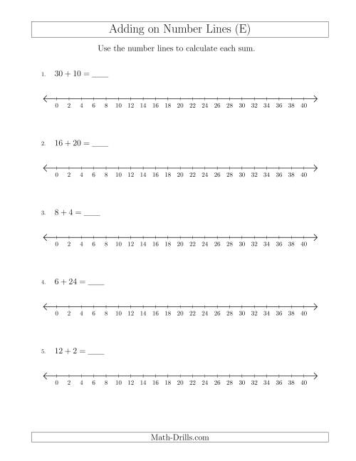 The Adding up to 40 on Number Lines with Intervals of 2 (E) Math Worksheet