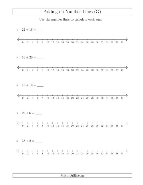The Adding up to 40 on Number Lines with Intervals of 2 (G) Math Worksheet