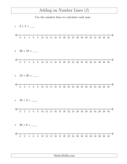 The Adding up to 40 on Number Lines with Intervals of 2 (J) Math Worksheet