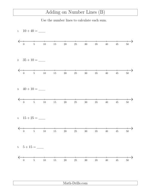 The Adding up to 50 on Number Lines with Intervals of 5 (B) Math Worksheet