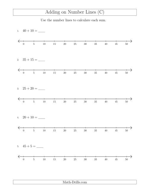 The Adding up to 50 on Number Lines with Intervals of 5 (C) Math Worksheet